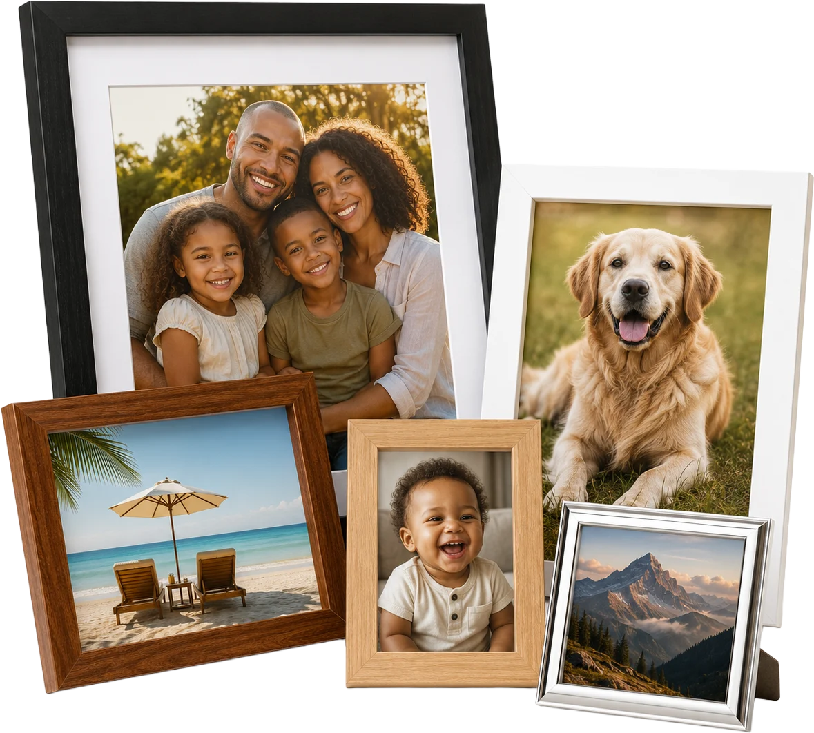 Black, white, wooden and chrome photo frames holding family, pet and holiday photos